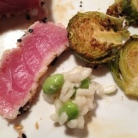 sushi-seared tuna, edamame "risotto," seven-spice brussels sprouts recipes